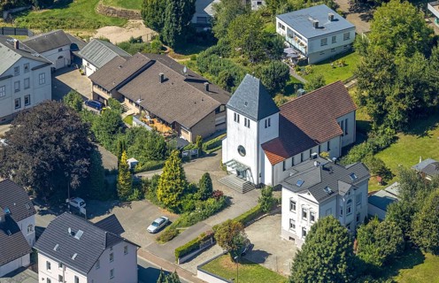 Aerial view, catholic church St. Georg Oberbrügge, Halver, Sauerland, North Rhine-Westphalia,