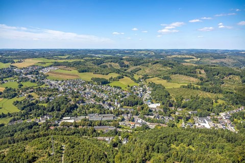 Aerial view, residential area local view district Oberbrügge and catholic church St. Georg