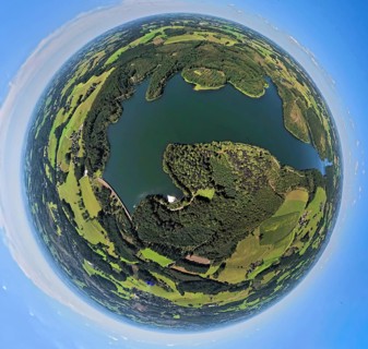 Aerial view, Kerspetalsperre and forest area, earth globe, fisheye image, 360 degree image, tiny