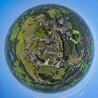 Aerial view, residential area, view of Rönsahl, earth globe, fisheye image, 360 degree image, tiny
