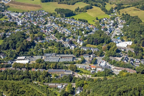 Aerial view, residential area local view district Oberbrügge and catholic church St. Georg
