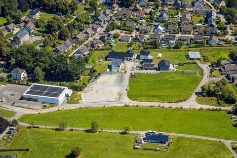Aerial view, residential area local view district Rönsahl with Netto supermarket and solar roof,