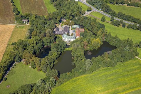 Aerial view, moated castle Haus Rhade, bulwark, Kierspe, Sauerland, North Rhine-Westphalia,