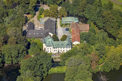 Aerial view, moated castle Haus Rhade, bulwark, Kierspe, Sauerland, North Rhine-Westphalia,