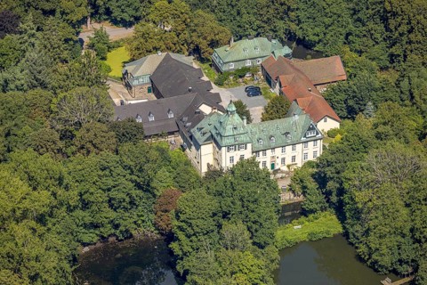 Aerial view, moated castle Haus Rhade, bulwark, Kierspe, Sauerland, North Rhine-Westphalia,