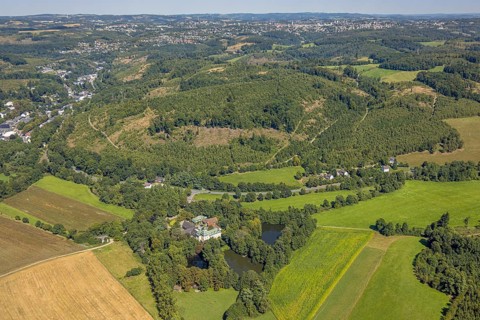 Aerial view, moated castle Haus Rhade, bulwark, Kierspe, Sauerland, North Rhine-Westphalia,