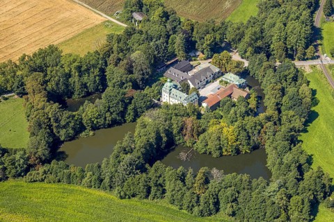 Aerial view, moated castle Haus Rhade, bulwark, Kierspe, Sauerland, North Rhine-Westphalia,