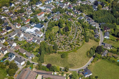 Aerial view, Evangelical church Oberbrügge and evang. Cemetery, residential area on Heerstraße,