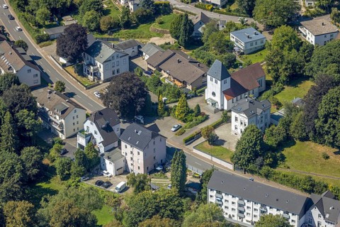 Aerial view, catholic church St. Georg Oberbrügge, Halver, Sauerland, North Rhine-Westphalia,