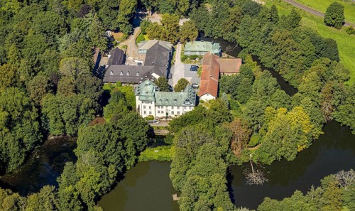 Aerial view, moated castle Haus Rhade, bulwark, Kierspe, Sauerland, North Rhine-Westphalia,