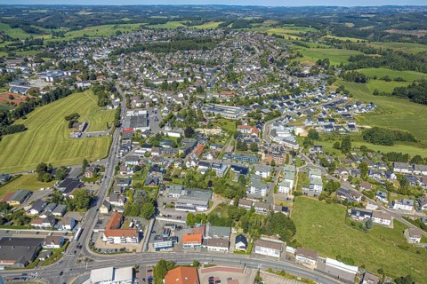 Aerial view, general view residential area local view Kierspe with town hall, Kierspe railway