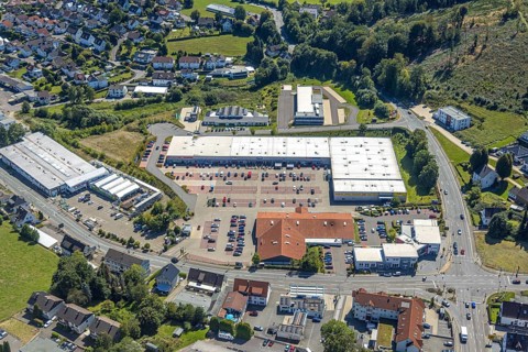 Aerial view, shopping centre with car park Kölner Straße, Kierspe, Sauerland, North