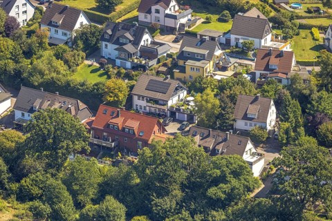 Aerial view, residential building with solar roof on Wiesenstraße, Höferhof, Kierspe, Sauerland,