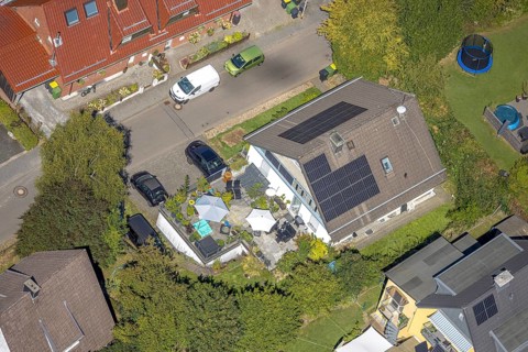 Aerial view, residential building with solar roof on Wiesenstraße, Höferhof, Kierspe, Sauerland,