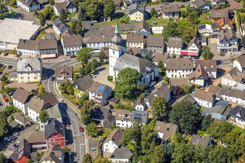 Aerial view, Protestant St. Margaret's Church in the centre of Kierspe-Dorf, Kierspe, Sauerland,