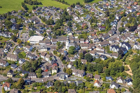 Aerial view, residential area with evang. Margarethenkirche, Kierspe-Dorf, Kierspe, Sauerland,