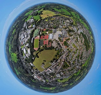 Aerial photo, Sportpark Kierspe and comprehensive school, globe, fisheye image, fisheye image, 360
