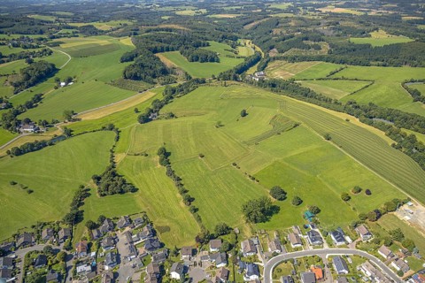Aerial view, meadows and fields with single trees, CVJM Kierspe e.V., Thal, LSG landscape