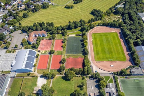 Aerial view, sports park Am Stadion, grass stadium with athletics track, football stadium Kiersper