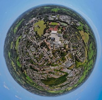 Aerial photo, Sportpark Kierspe and comprehensive school, globe, fisheye image, fisheye image, 360