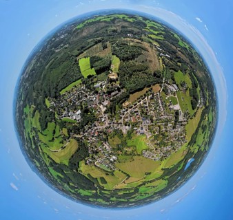Aerial view, residential area, view of Rönsahl, earth globe, fisheye image, 360 degree image, tiny