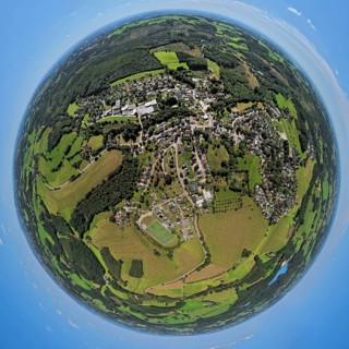 Aerial view, residential area, view of Rönsahl, earth globe, fisheye image, 360 degree image, tiny