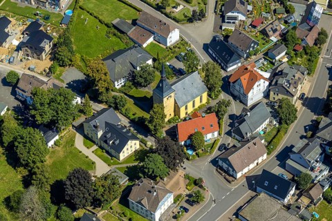 Aerial view, Protestant Church of St Servatius, Rönsahl, Kierspe, Sauerland, North