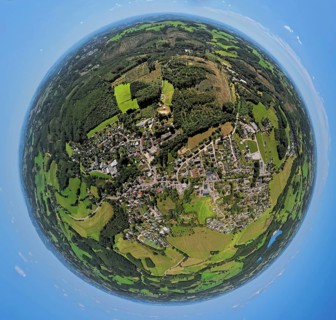 Aerial view, residential area, view of Rönsahl, earth globe, fisheye image, 360 degree image, tiny