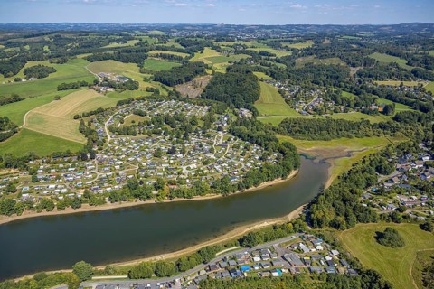Aerial view, Lambacher Höhe campsite and mobile home site at the Lingesetalsperre, Linge,