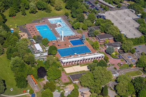 Aerial view, Grugabad Am Grugapark, outdoor swimming pool, Rüttenscheid, Essen, Ruhr area, North