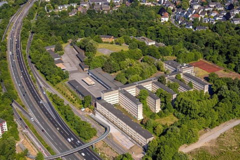 Aerial view, former police school Norbertstraße at the corner of Lührmannstraße on the A52