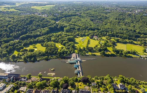 Aerial view, Lake Baldeney weir and Kruppwald green lung, Golf course Golfriege ETUF e.V.,