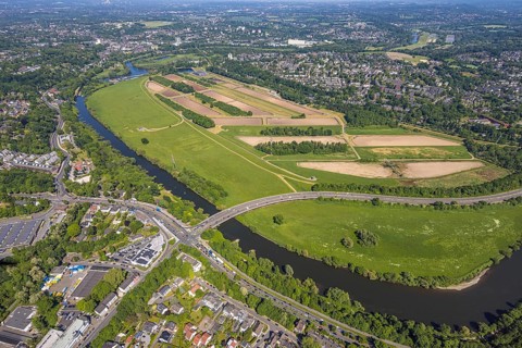 Aerial view, waterworks Wassergewinnung Essen GmbH on the river Ruhr, Konrad-Adenauer-Brücke,