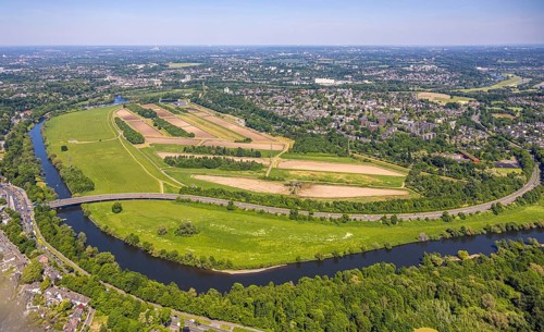 Aerial view, waterworks Wassergewinnung Essen GmbH on the river Ruhr, Konrad-Adenauer-Brücke,