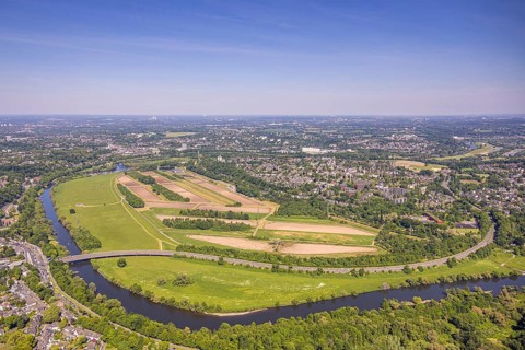 Aerial view, waterworks Wassergewinnung Essen GmbH on the river Ruhr, Konrad-Adenauer-Brücke,