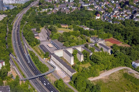 Aerial view, former police school Norbertstraße at the corner of Lührmannstraße on the A52
