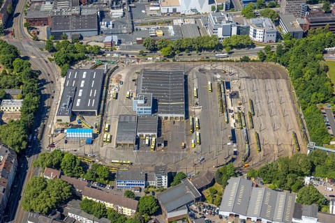 Aerial view, Ruhrbahn GmbH depot Stadtmitte, tram and bus depot, Ostviertel, Essen, Ruhr area,