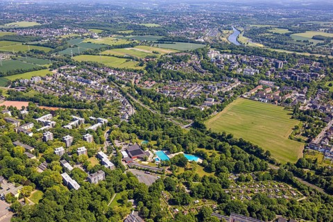 Aerial view, Bad und Sport Oststadt swimming pool outdoor pool, high-rise housing estate, view of