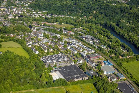 Aerial view, Medienhaus Ruhr GmbH and BOB Automobile - Renault - Essen, new residential area