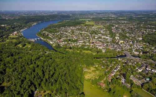 Aerial view, Baleneysee and Brehminsel, Lake Baldeney weir with river Ruhr and view of Werden,