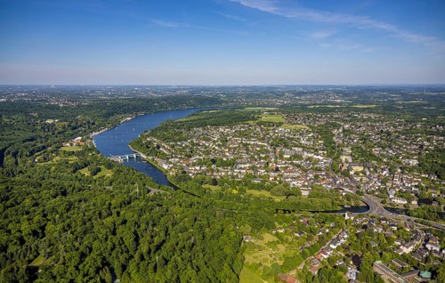 Aerial view, Baleneysee and Brehminsel, Lake Baldeney weir with river Ruhr and view of Werden,