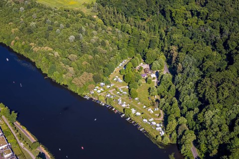 Aerial view, Cammerzell campsite on the Ruhr river and surrounded by forest, Kettwig, Essen, Ruhr