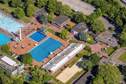 Aerial view, Grugabad Am Grugapark, outdoor swimming pool, Rüttenscheid, Essen, Ruhr area, North