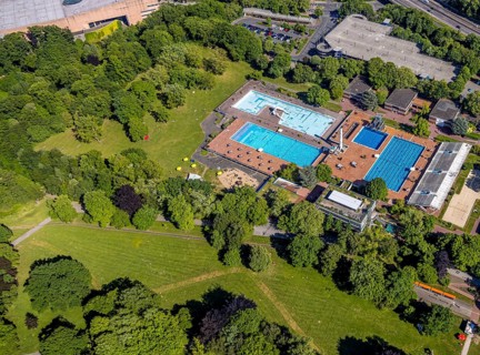 Aerial view, Grugabad Am Grugapark, outdoor swimming pool, Rüttenscheid, Essen, Ruhr area, North