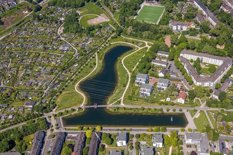 Aerial view, Niederfeldsee, left KGV Kleingärtnerverein Amalie 94 e. V., above the sports field