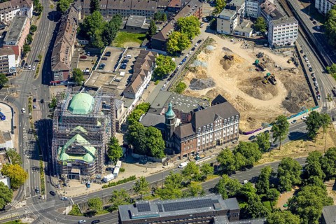 Aerial view, Old Synagogue Essen renovation with scaffolding, Edmund-Körner-Platz, construction
