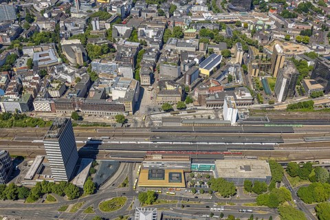 Aerial view, central station and city centre with construction site of former Kaufhof building at