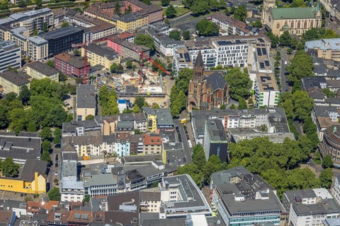 Aerial view, Evangelical Church of the Holy Cross, construction site and redesign of Weberplatz,