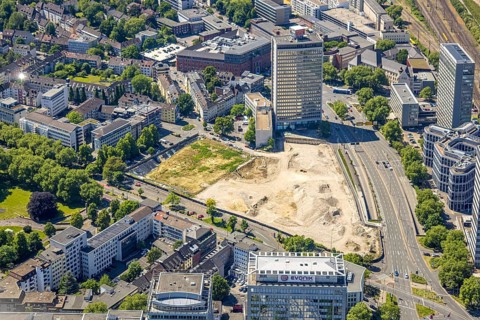 Aerial view, Campus Essen. Construction site, Kölbl Kruse construction site near Freiheit, Innogy