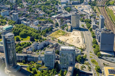Aerial view, Campus Essen. Construction site, Kölbl Kruse construction site near Freiheit, left